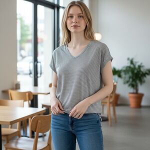 C&C California Striped V Neck Linen Short Sleeve Top Womens Size S Blue White